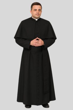 Men’s Black Cassock Elegant Priest Style with Shoulder Cape & 33 Buttons