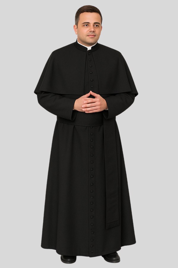 Men’s Black Cassock Elegant Priest Style with Shoulder Cape & 33 Buttons