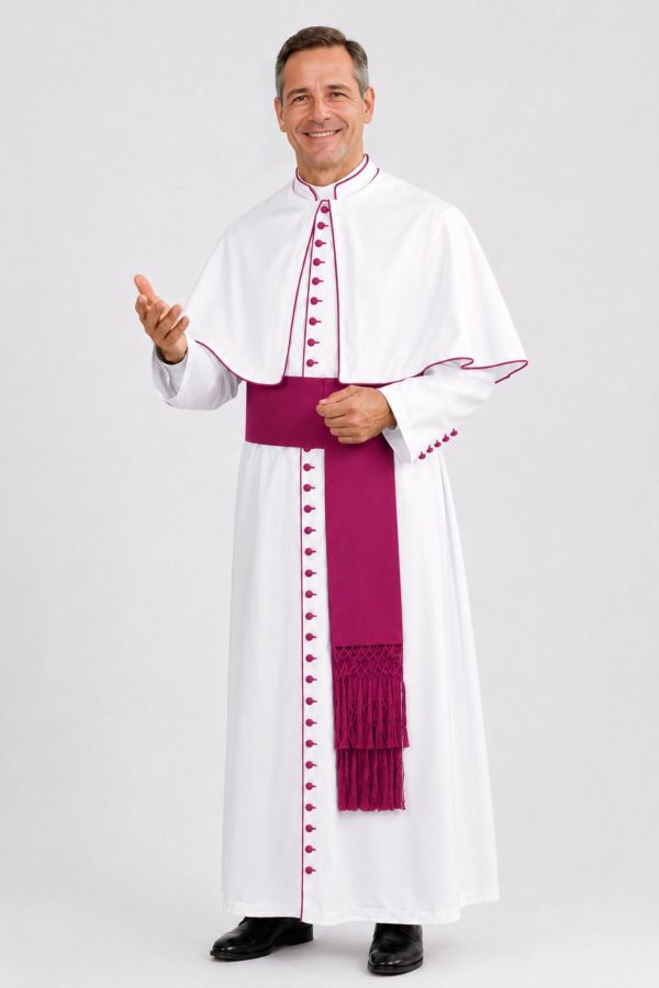 White Roman Catholic Bishop Cassock with Red Purple Trim