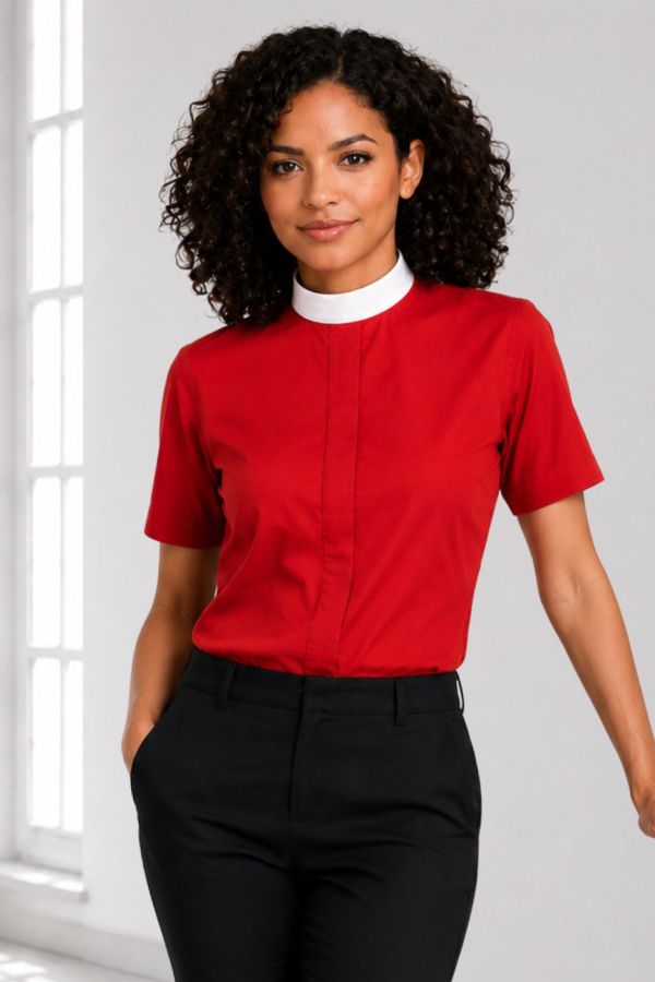 Faith Form Women’s Red Clergy Shirt with Neckband Collar