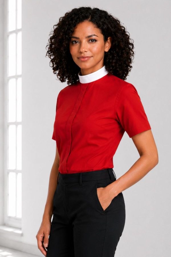Faith Form Women’s Red Clergy Shirt with Neckband Collar
