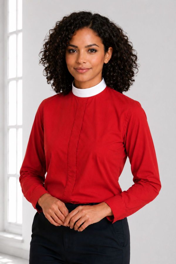Faith Form Women’s Red Clergy Shirt with Neckband Collar