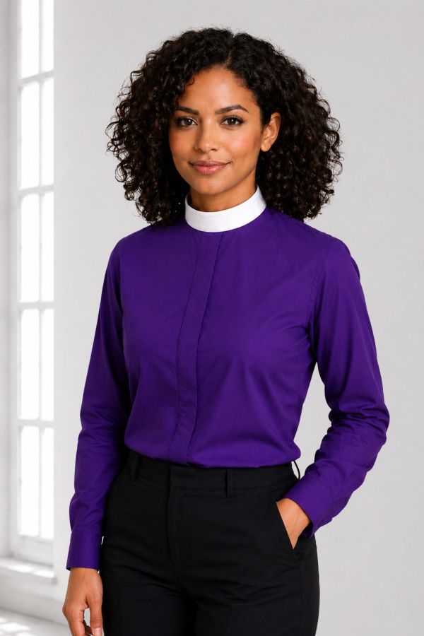 Purple Women’s Clergy Shirt with Classic Neckband Style
