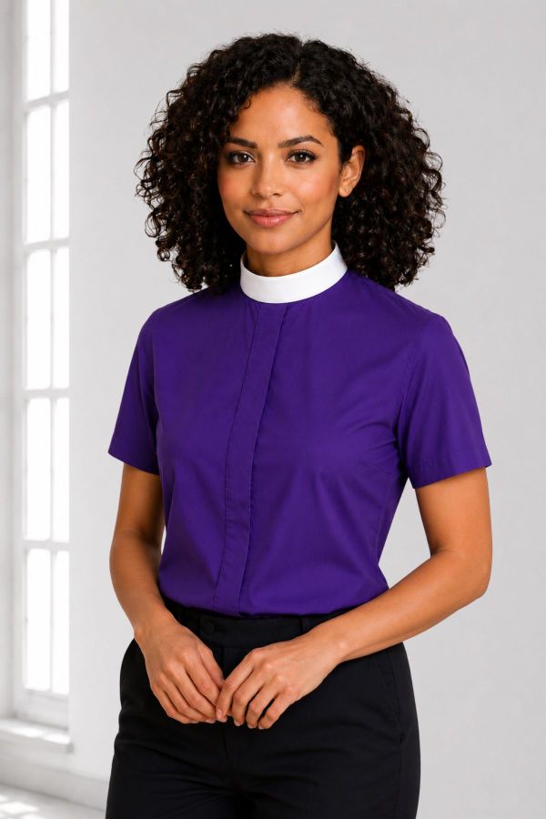Purple Women’s Clergy Shirt with Classic Neckband Style