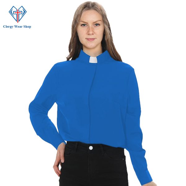 Women Clergy Shirt Royal Blue with Tab Collar