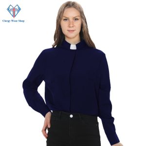 Women's Clergy Shirt Navy with Tab Collar (1)
