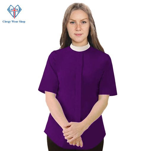 Women's Clergy Shirt with Neckband Collar Purple