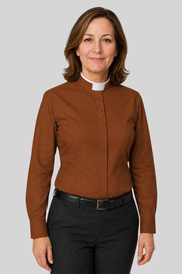 Elegant Brown Clergy Shirt with Tonsure Collar for Women