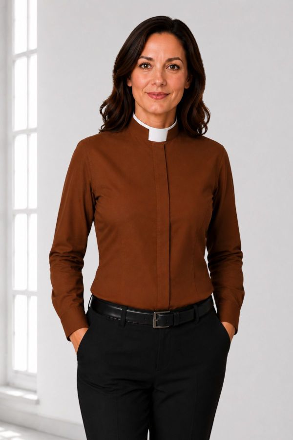 Elegant Wear Women's Brown Clergy Shirt with Tonsure Collar