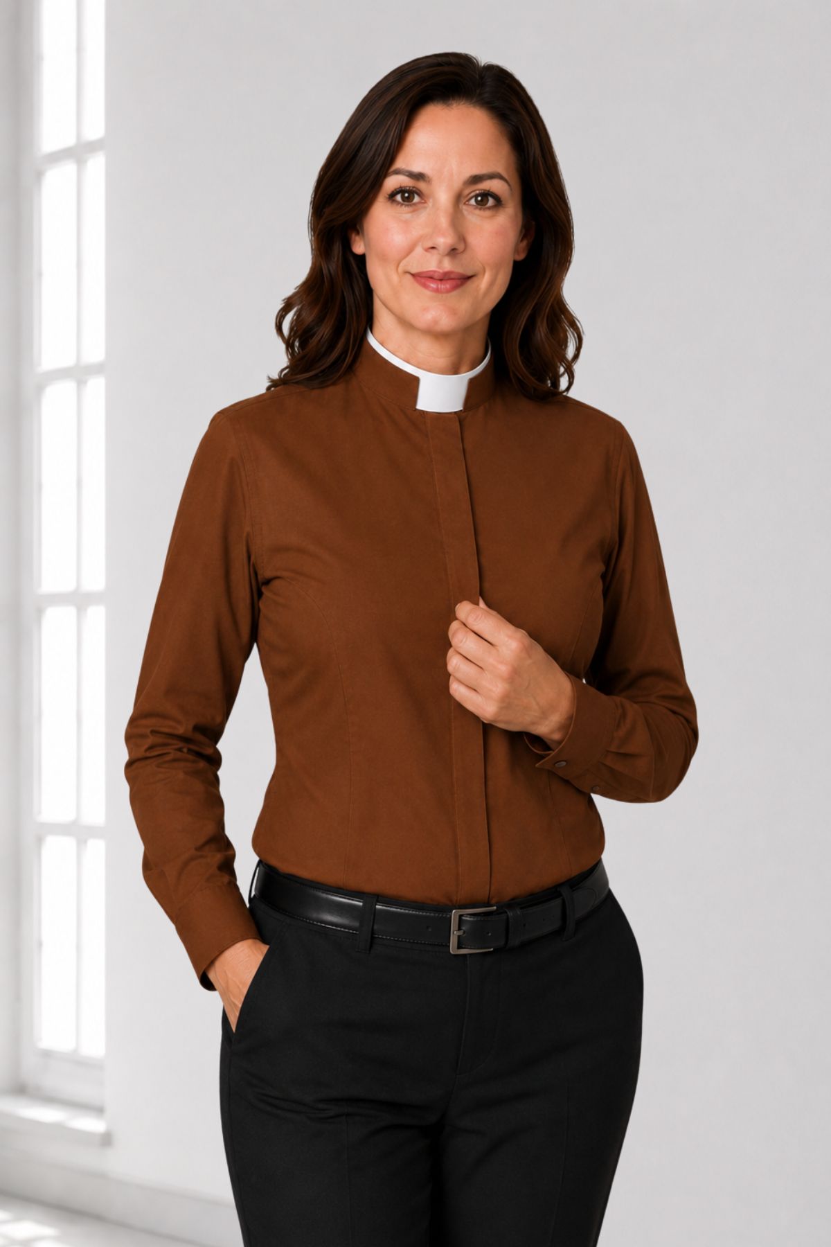 Elegant Wear Women's Brown Clergy Shirt with Tonsure Collar Elegant Wear Women's Brown Clergy Shirt with Tonsure Collar