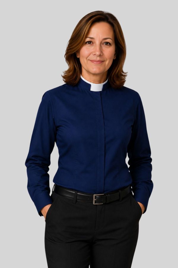 Refined Navy Clergy Shirt for Women with Tonsure Collar