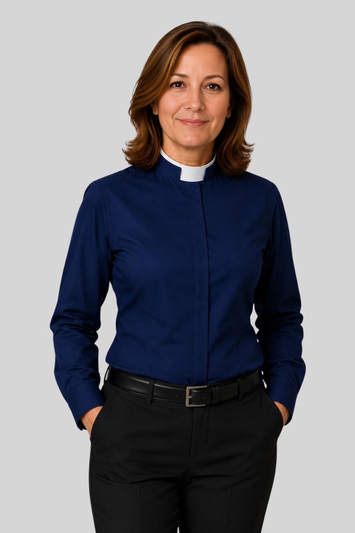 Refined Navy Clergy Shirt for Women with Tonsure Collar