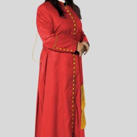 Crimson Women’s Cassock with Golden Trim & 33 Buttons