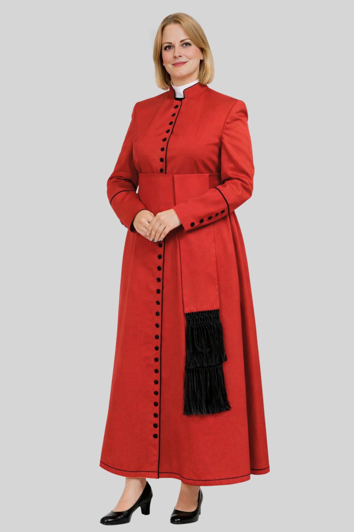 Ceremony Women’s Red Cassock with Lavish Black Trim Ceremony Women’s Red Cassock with Lavish Black Trim