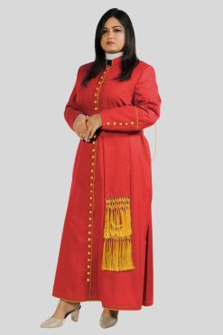 Crimson Women's Clergy Cassock with Golden Trim & 33 Buttons