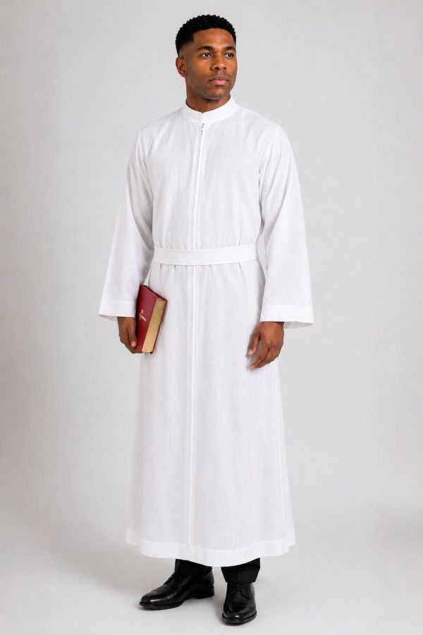 White Clergy Alb with Front Zipper & Built-In Belt