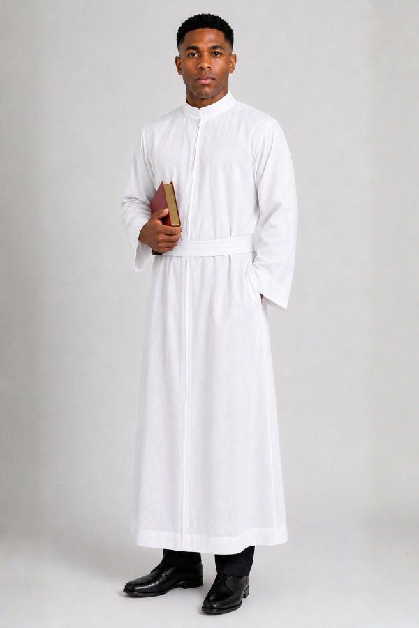 White Clergy Alb with Front Zipper & Built-In Belt