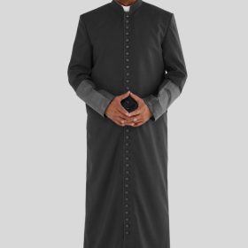 Elegant Black Roman Cassock 33 Buttons with Satin Cuffs & Piping