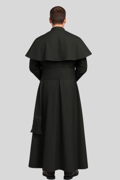 Classic Black Priest Cassock with Button Front & Shoulder Cap