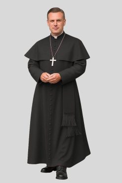 Classic Black Priest Cassock with Button Front & Shoulder Cap