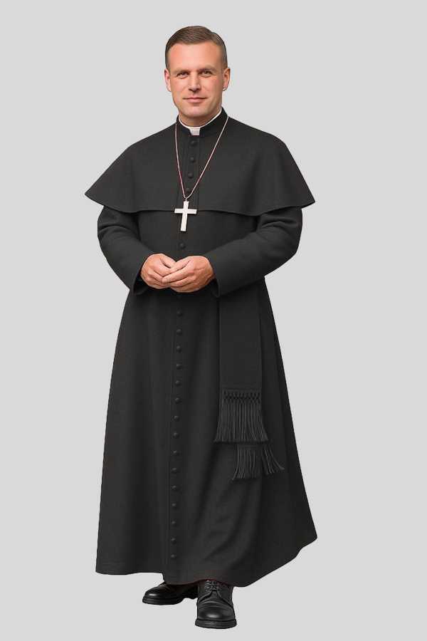 Classic Black Priest Cassock with Button Front & Shoulder Cap
