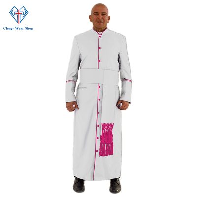 Classic White Clergy Robe with Red Purple Trim