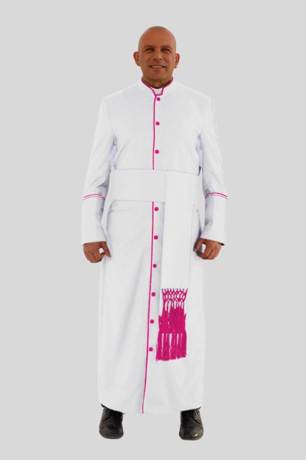 Classic White Clergy Robe with Red Purple Trim