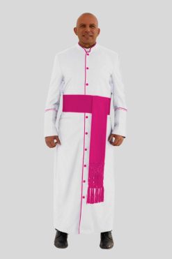 Classic White Clergy Robe with Red Purple Trim