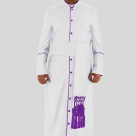 Elegant White Clergy Robe for Spiritual Ceremonies with Roman Purple Trim