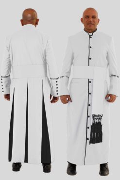 Glorious White Clergy Robe with Black Trim & Triple Backpleats