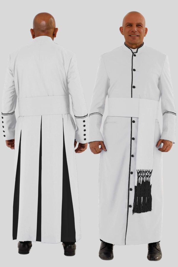 Glorious White Clergy Robe with Black Trim & Triple Backpleats