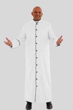 Glorious White Clergy Robe with Black Trim & Triple Backpleats