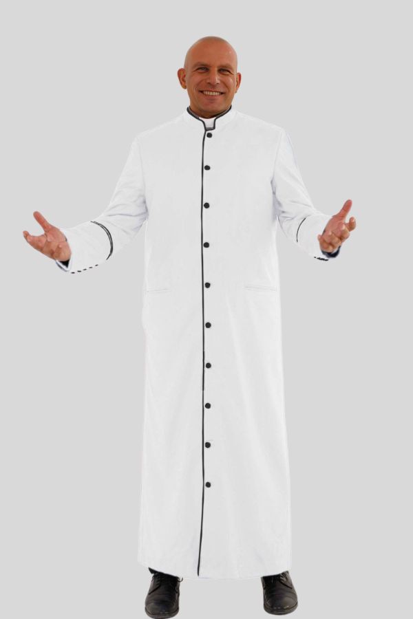 Glorious White Clergy Robe with Black Trim & Triple Backpleats