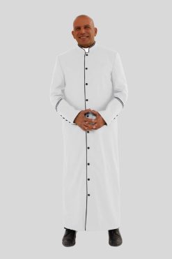 Glorious White Clergy Robe with Black Trim & Triple Backpleats