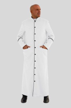 Glorious White Clergy Robe with Black Trim & Triple Backpleats
