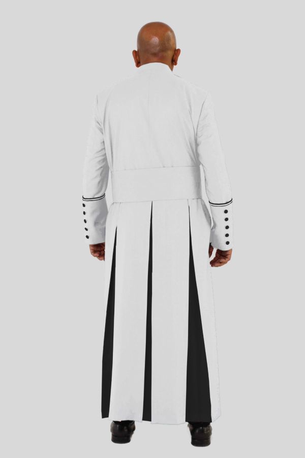 Glorious White Clergy Robe with Black Trim & Triple Backpleats
