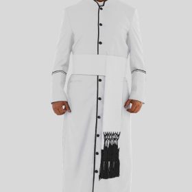 Dignified White Minister Robe with Black Trim and Triple Back Pleats