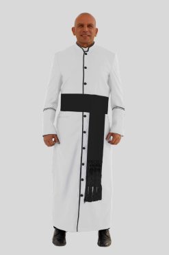 Glorious White Clergy Robe with Black Trim & Triple Backpleats