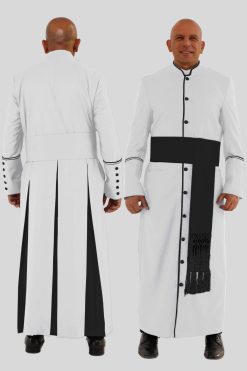 Glorious White Clergy Robe with Black Trim & Triple Backpleats