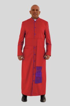 Graceful Red Clergy Robe in Purple Trim & Triple Backpleats