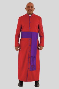 Graceful Red Clergy Robe in Purple Trim & Triple Backpleats