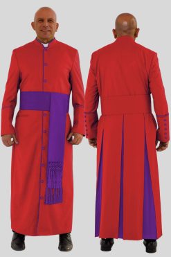 Graceful Red Clergy Robe in Purple Trim & Triple Backpleats