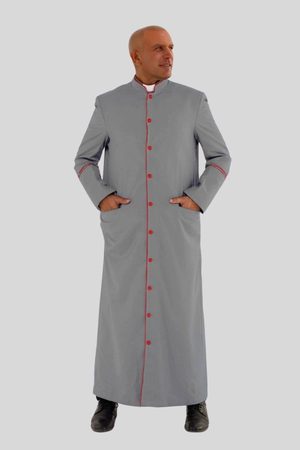 Holy Grey Clergy Robe with Red Trim & Three Backpleats