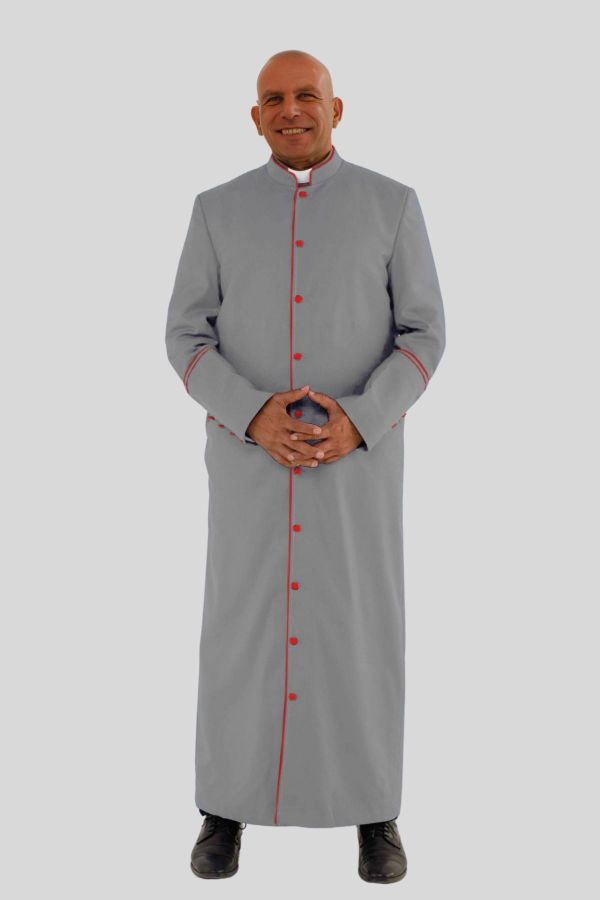 Holy Grey Clergy Robe with Red Trim & Three Backpleats