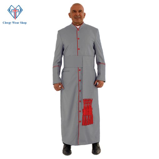 Holy Grey Clergy Robe with Red Trim for Special Occasions