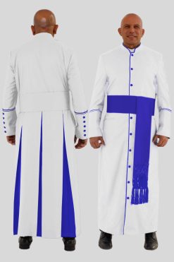 Modern Clergy Robe in White with Royal Blue Trim