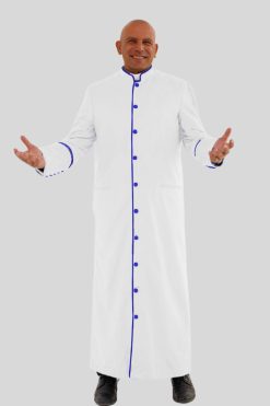 Modern Clergy Robe in White with Royal Blue Trim