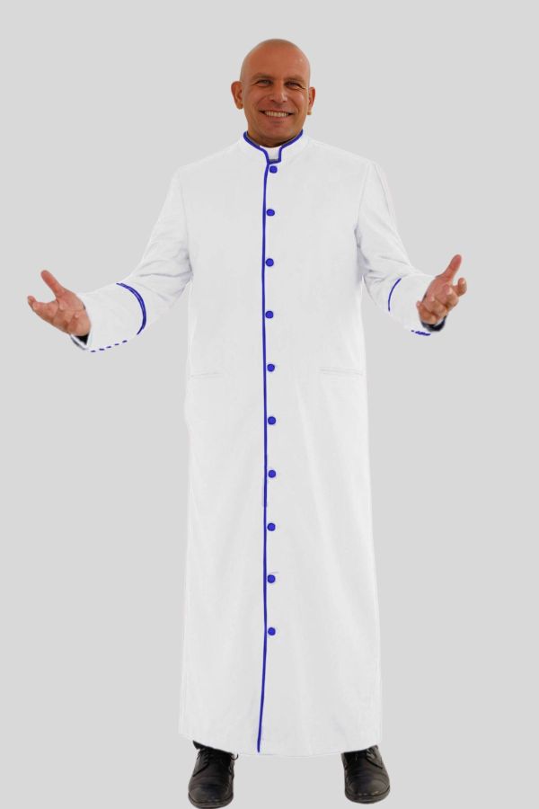 Modern Clergy Robe in White with Royal Blue Trim