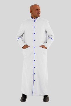 Modern Clergy Robe in White with Royal Blue Trim