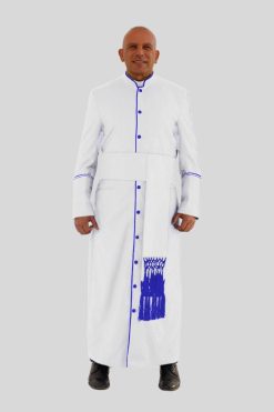Modern Clergy Robe in White with Royal Blue Trim